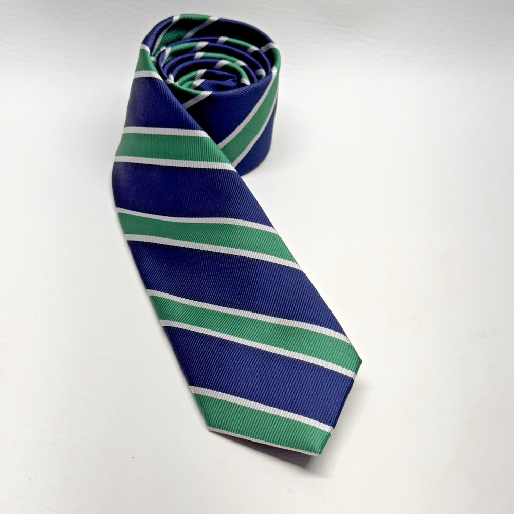 Knottery New York Mens Necktie Navy Blue Green White Repp Stripe Skinny‎ 2.75"